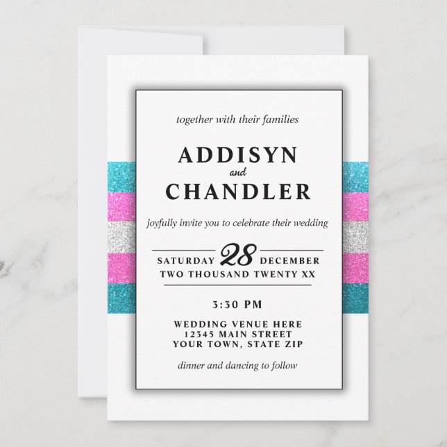 LGBTQ Trans Chic Modern White Wedding Glitter Invitation (Front)