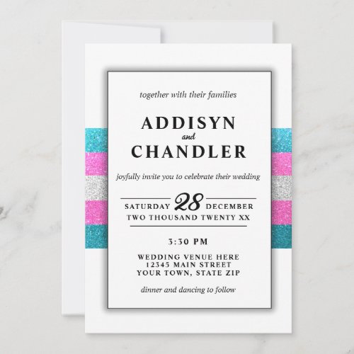 LGBTQ Trans Chic Modern White Wedding Glitter Invitation