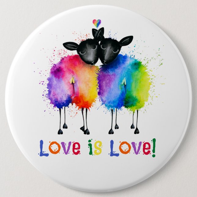 LGBTQ Two Rainbow Sheep Love Is Love  Button (Front)