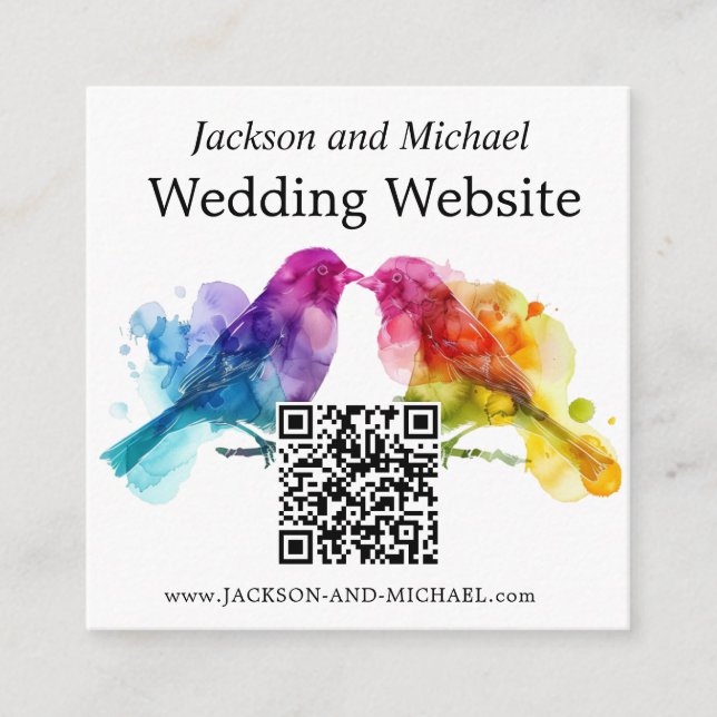 LGBTQ+  wedding website Rainbow Lovebirds Enclosure Card (Front)