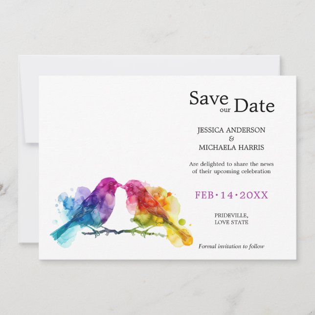 LGBTQ+ with photo Rainbow Lovebirds Save The Date (Front)