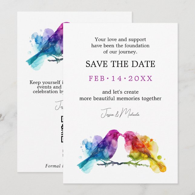 LGBTQ+ with QR code Rainbow Lovebirds Save The Date (Front/Back)