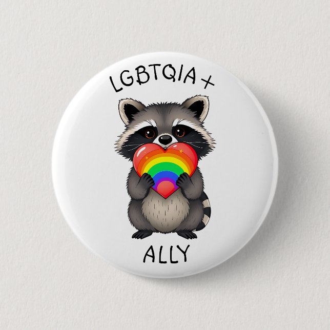 LGBTQIA+ Ally | Raccoon with Rainbow Heart Button (Front)