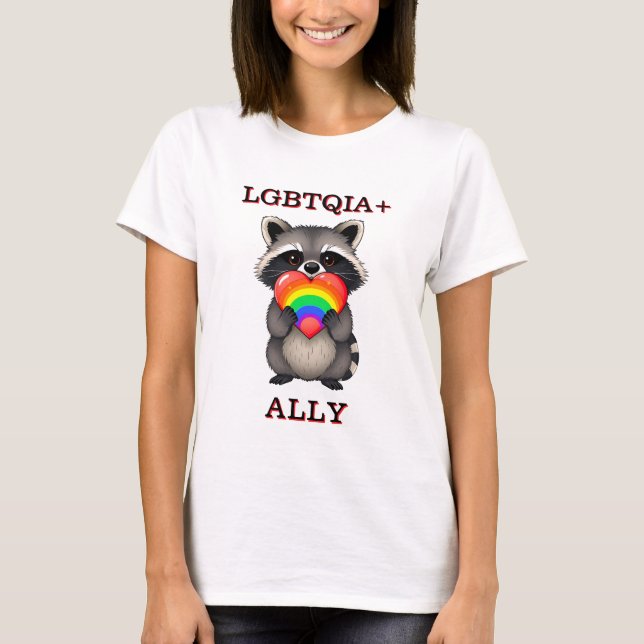 LGBTQIA+ Ally | Raccoon with Rainbow Heart T-Shirt (Front)