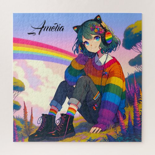 LGBTQIA Anime Girl Lesbian Pride  Jigsaw Puzzle