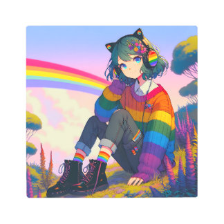 LGBTQIA+ Anime Girl Lesbian Pride Metal Print