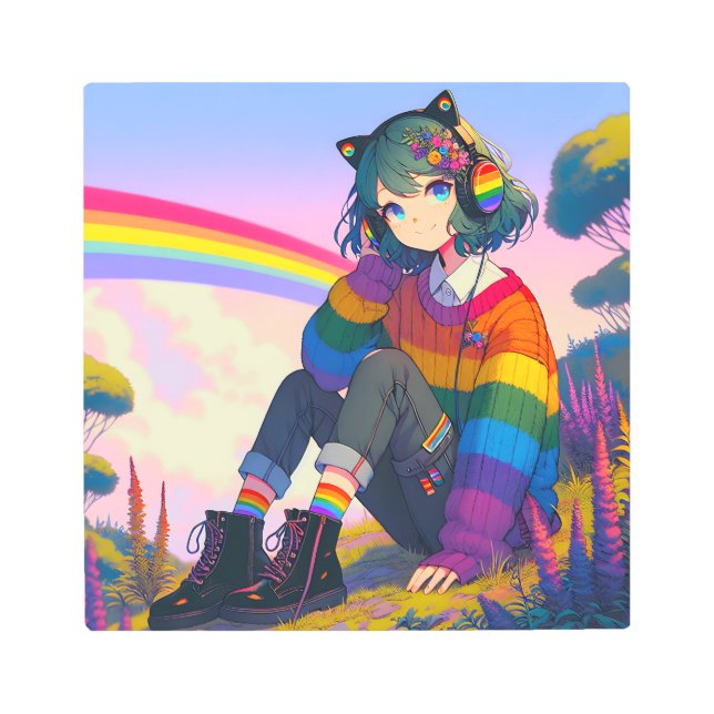 LGBTQIA+ Anime Girl Lesbian Pride  Metal Print (Front)