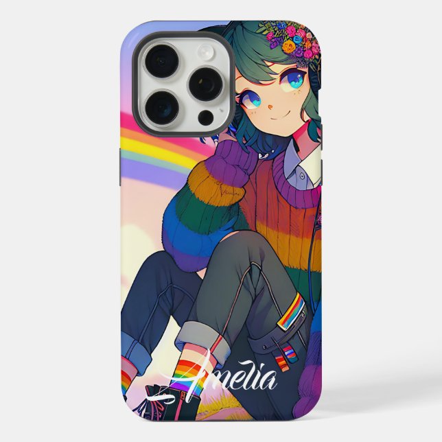 LGBTQIA+ Anime Girl Lesbian Pride Personalized iPhone Case (Back)