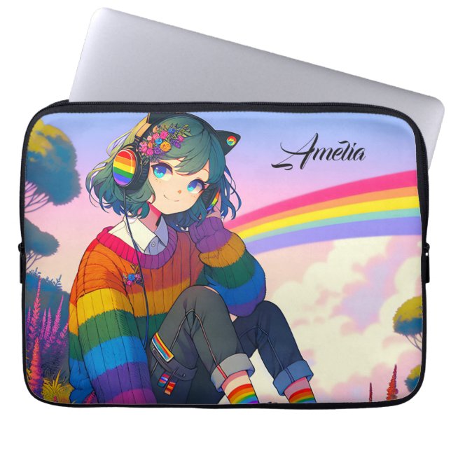 LGBTQIA+ Anime Girl Lesbian Pride Personalized Laptop Sleeve (Front)