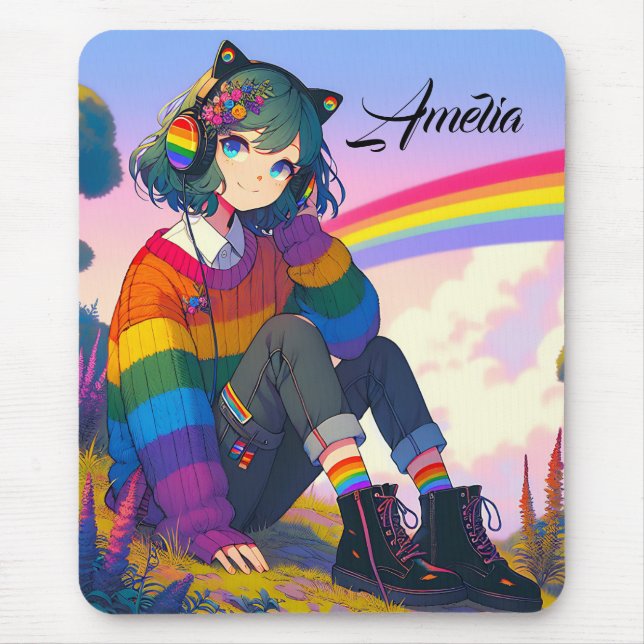 LGBTQIA+ Anime Girl Lesbian Pride Personalized Mouse Pad (Front)