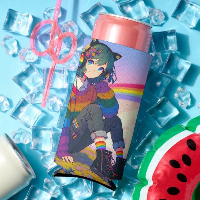 LGBTQIA+ Anime Girl Lesbian Pride Personalized Seltzer Can Cooler (In Situ Summer)