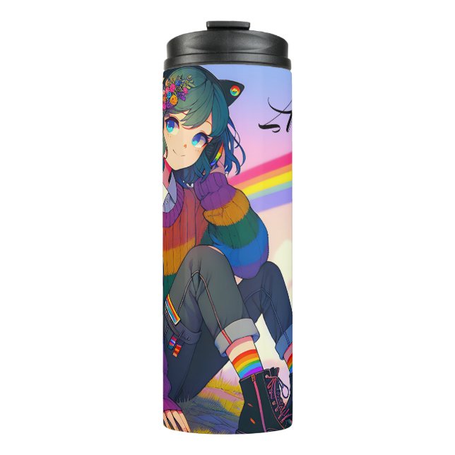 LGBTQIA+ Anime Girl Lesbian Pride Personalized Thermal Tumbler (Front)