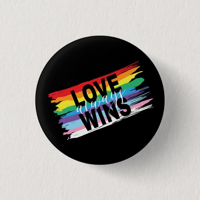 LGBTQIA Love always Wins, Pride Rainbow Heart Button (Front)