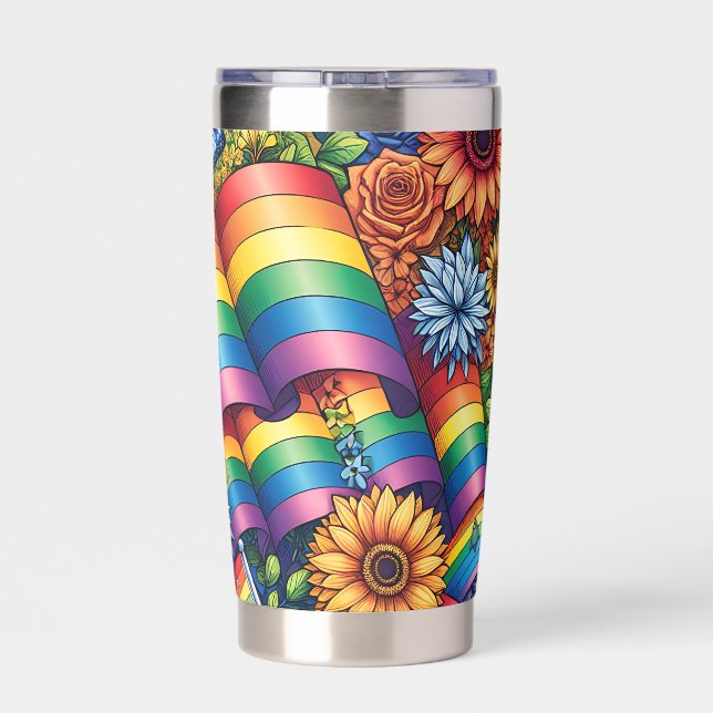 LGBTQIA+ Pride Flags, Rainbows, Flowers Insulated Tumbler (Back)