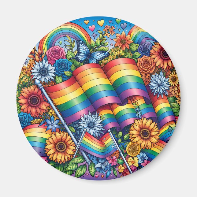 LGBTQIA+ Pride Flags, Rainbows, Flowers Magnet (Front)