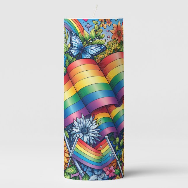 LGBTQIA+ Pride Flags, Rainbows, Flowers Pillar Candle (Front)