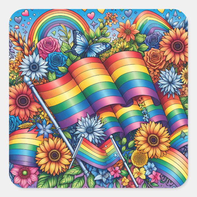 LGBTQIA+ Pride Flags, Rainbows, Flowers Square Sticker (Front)