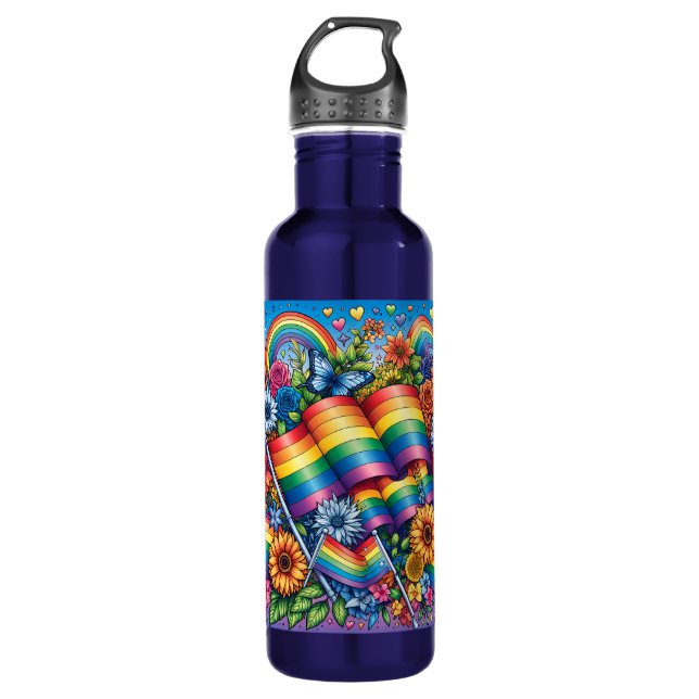 LGBTQIA+ Pride Flags, Rainbows, Flowers Stainless Steel Water Bottle (Front)