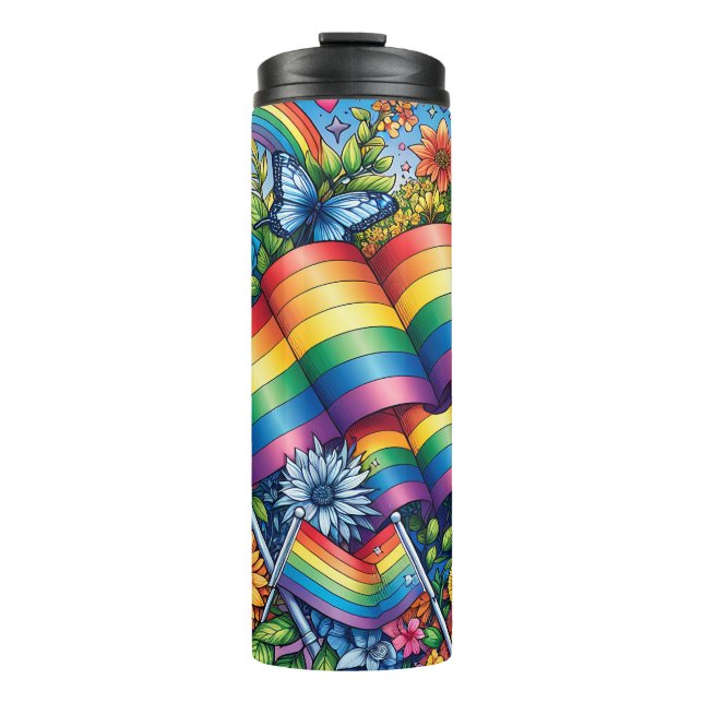 LGBTQIA+ Pride Flags, Rainbows, Flowers Thermal Tumbler (Front)