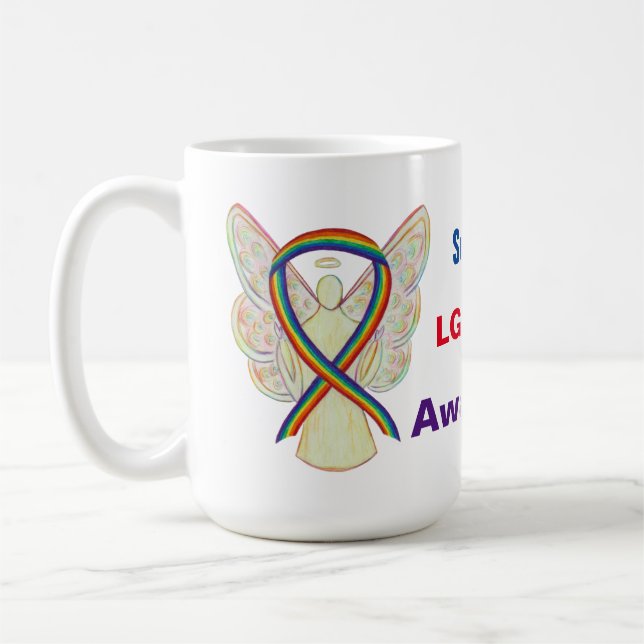 LGBTQIA Rainbow Awareness Ribbon Angel Coffee Mug (Left)