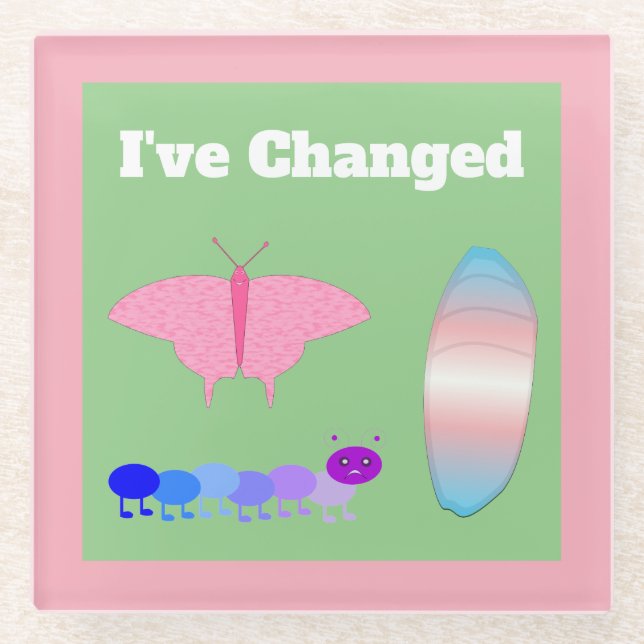 LGBTQIA Transgender Pride Caterpillar to Butterfly Glass Coaster (Front)