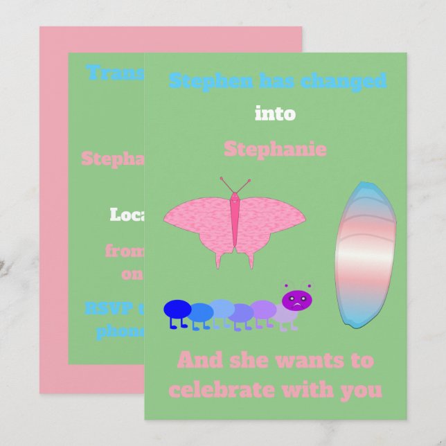 LGBTQIA Transgender Pride Caterpillar to Butterfly Invitation (Front/Back)