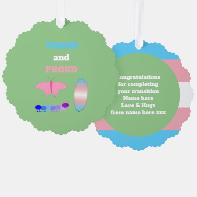 LGBTQIA Transgender Pride Caterpillar to Butterfly Ornament Card (Front/Back)