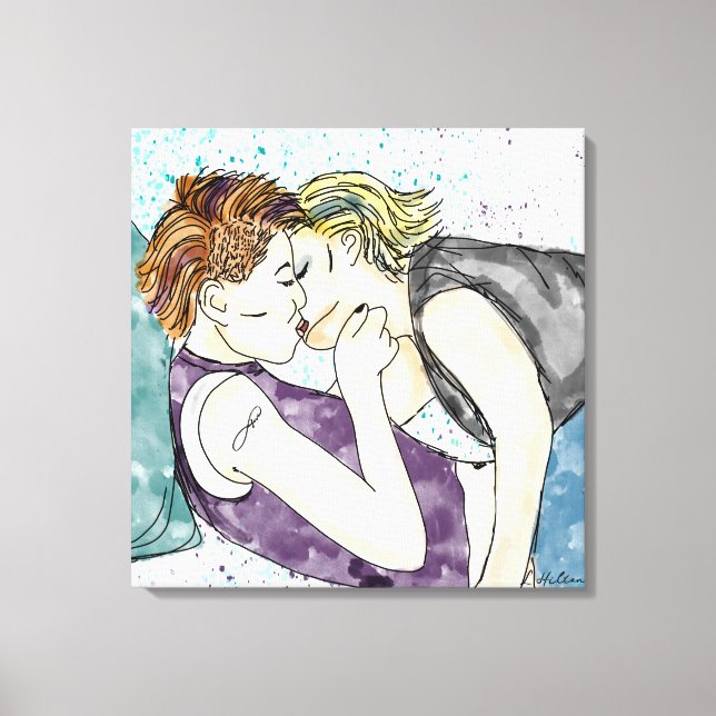 LGBTQIA+ Women Kissing Watercolor Art   Canvas Print (Front)
