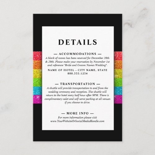 LGTBQ Rainbow Black Chic Modern Wedding Glitter Enclosure Card