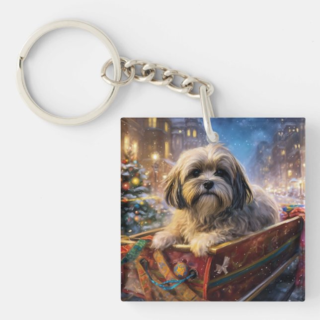 Lhasa Apso Christmas Festive Season  Keychain (Front)