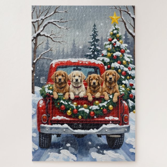 Lhasa Apso Christmas Red Truck Holiday Jigsaw Puzzle (Vertical)