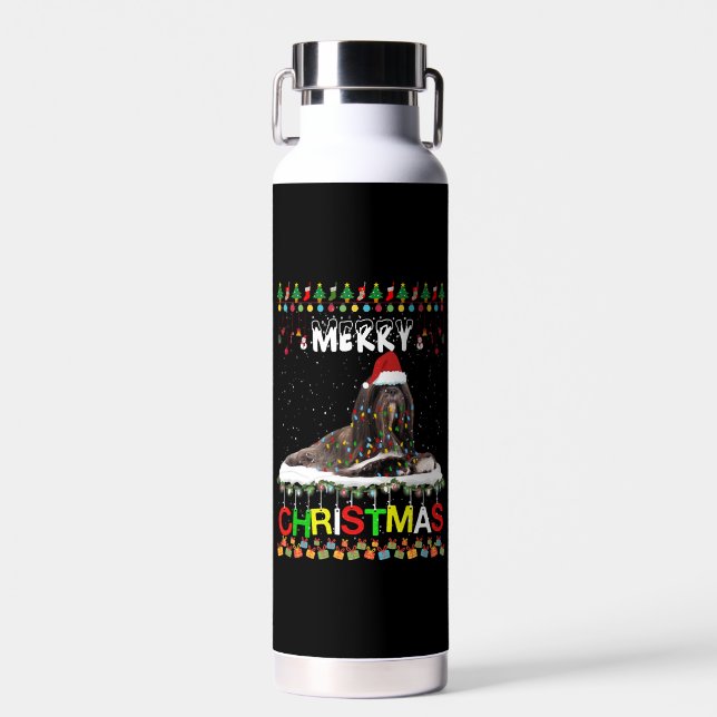 Lhasa Apso Christmas Tree Light Pajama Xmas Dog Water Bottle (Front)