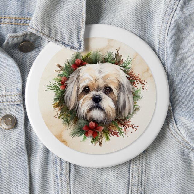 Lhasa Apso Christmas Wreath Festive Pup  Button (In Situ)