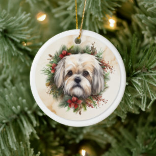 Lhasa Apso Christmas Wreath Festive Pup  Ceramic Ornament