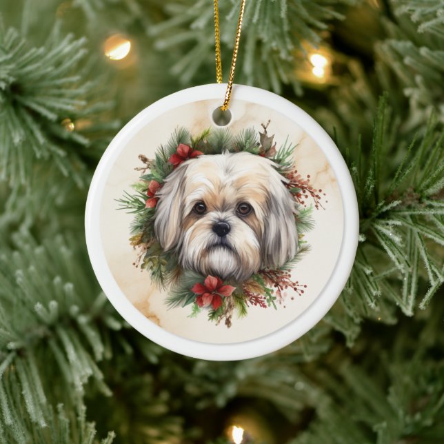 Lhasa Apso Christmas Wreath Festive Pup  Ceramic Ornament (Tree)