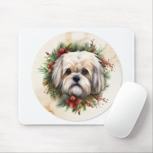 Lhasa Apso Christmas Wreath Festive Pup Mouse Pad