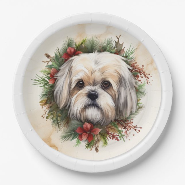 Lhasa Apso Christmas Wreath Festive Pup  Paper Plates (Front)