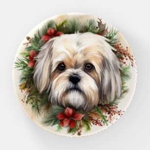 Lhasa Apso Christmas Wreath Festive Pup Paperweight