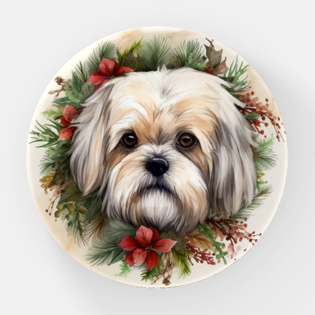 Lhasa Apso Christmas Wreath Festive Pup  Paperweight (Front)