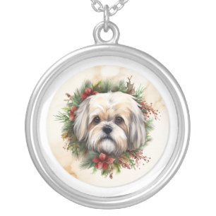 Lhasa Apso Christmas Wreath Festive Pup Silver Plated Necklace