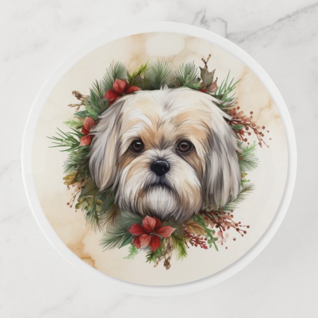 Lhasa Apso Christmas Wreath Festive Pup  Trinket Tray (Front)
