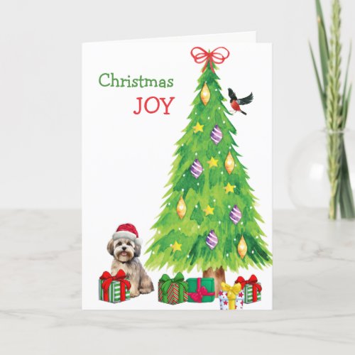 Lhasa Apso Dog Bird and Christmas Tree Holiday Card
