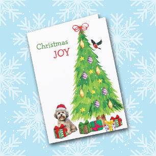 Lhasa Apso Dog, Bird and Christmas Tree Holiday Card