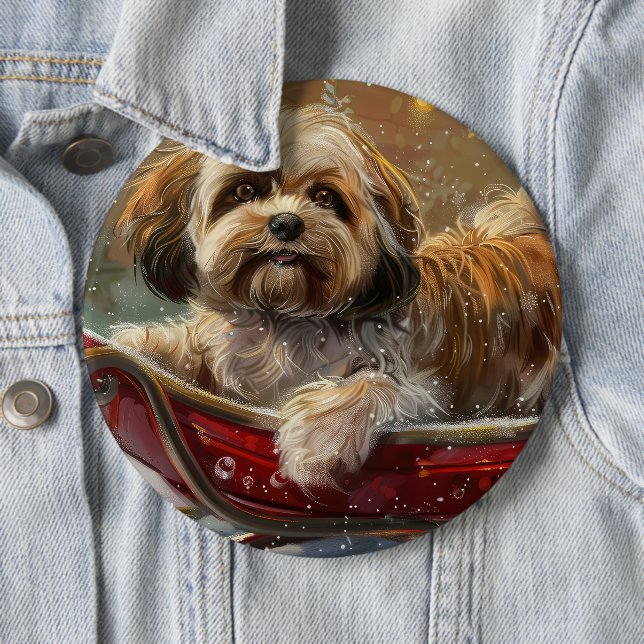 Lhasa Apso Dog Christmas Festive Button (In Situ)