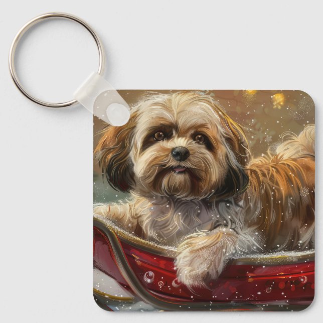 Lhasa Apso Dog Christmas Festive Keychain (Front)