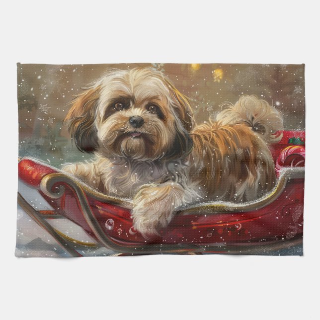 Lhasa Apso Dog Christmas Festive Kitchen Towel (Horizontal)