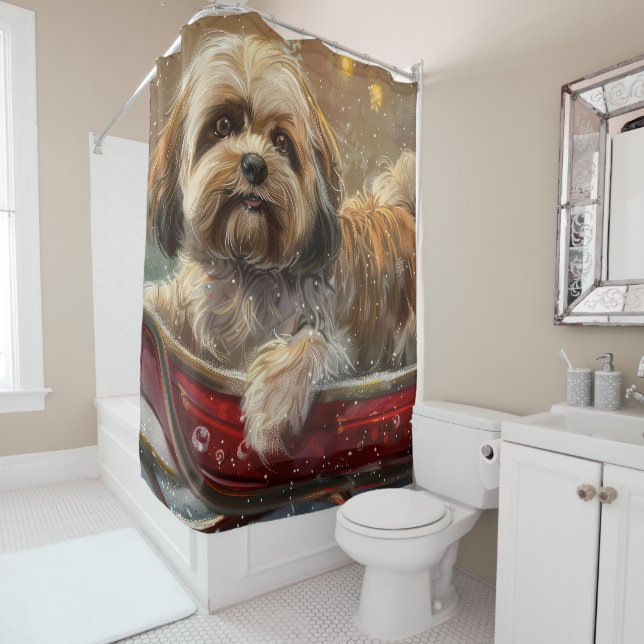 Lhasa Apso Dog Christmas Festive Shower Curtain (In Situ)