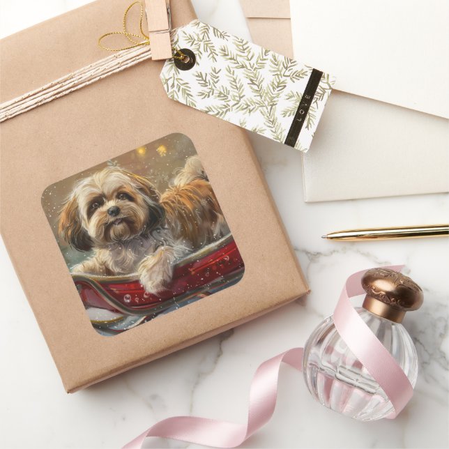 Lhasa Apso Dog Christmas Festive Square Sticker (Gifting)
