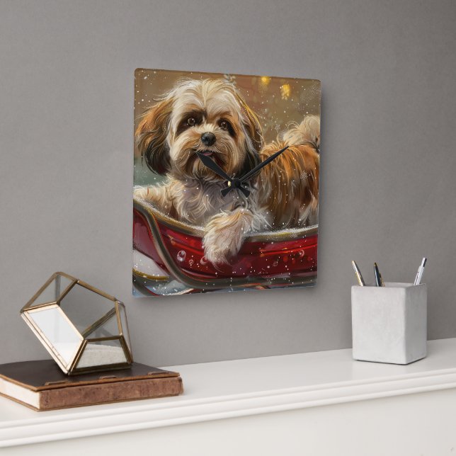 Lhasa Apso Dog Christmas Festive Square Wall Clock (Office)