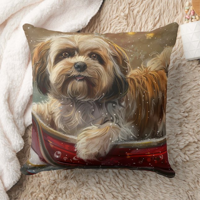 Lhasa Apso Dog Christmas Festive Throw Pillow (Blanket)